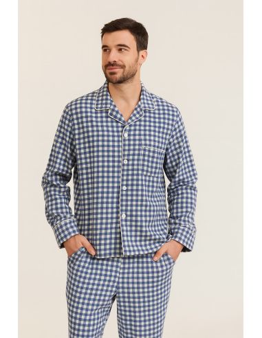 Flanellen stof met grote ruiten - Blauw en ecru