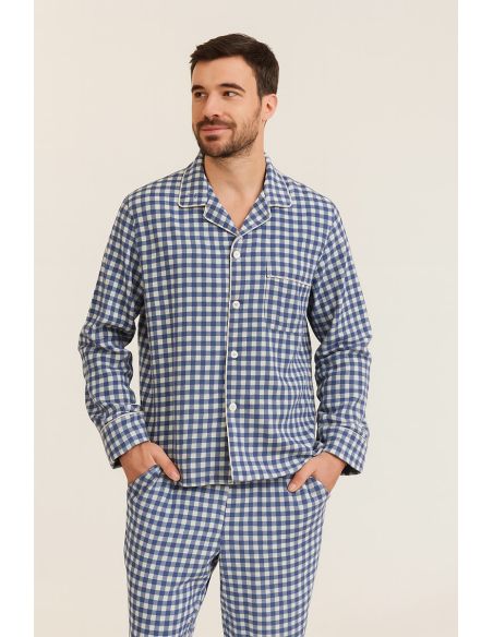 Flanellen stof met grote ruiten - Blauw en ecru