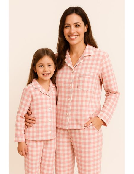 Flanellen stof met grote ruiten - Roze en ecru