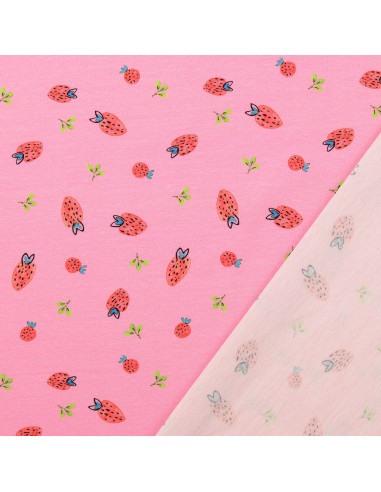 Jersey stof Aardbeien - Roze
