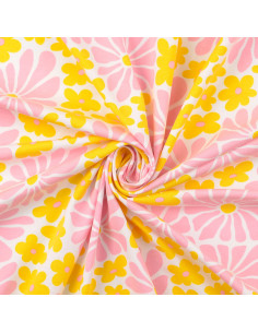 Fantasie jersey stof - Zestiger jaren bloemen in geel en roze