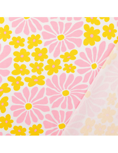 Fantasie jersey stof - Zestiger jaren bloemen in geel en roze