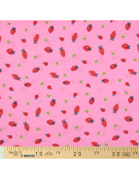 Jersey stof Aardbeien - Roze