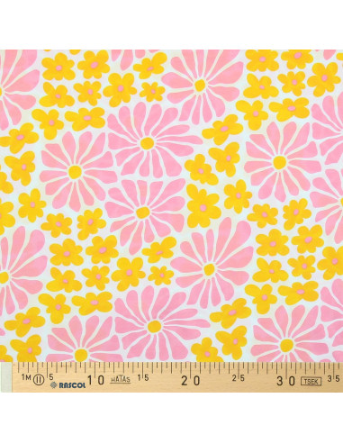 Fantasie jersey stof - Zestiger jaren bloemen in geel en roze