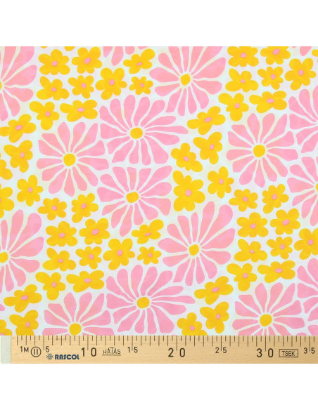 Fantasie jersey stof - Zestiger jaren bloemen in geel en roze