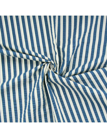 Seersucker stof met brede strepen - Spijkerblauw en gebroken wit