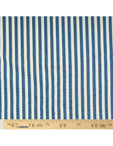 Seersucker stof met brede strepen - Spijkerblauw en gebroken wit