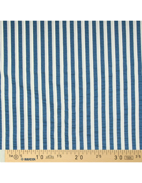 Seersucker stof met brede strepen - Spijkerblauw en gebroken wit
