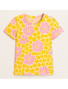 Fantasie jersey stof - Zestiger jaren bloemen in geel en roze 2