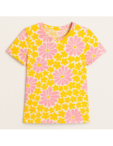 Fantasie jersey stof - Zestiger jaren bloemen in geel en roze