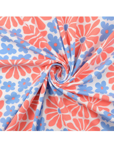Fantasie jersey stof - Rode en blauwe sixties bloemen