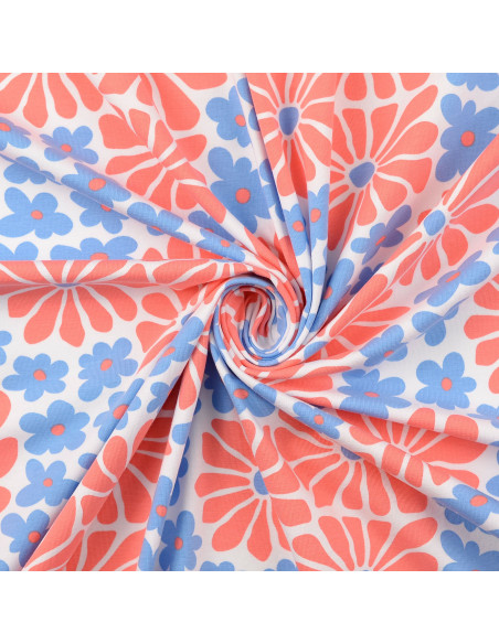 Fantasie jersey stof - Rode en blauwe sixties bloemen