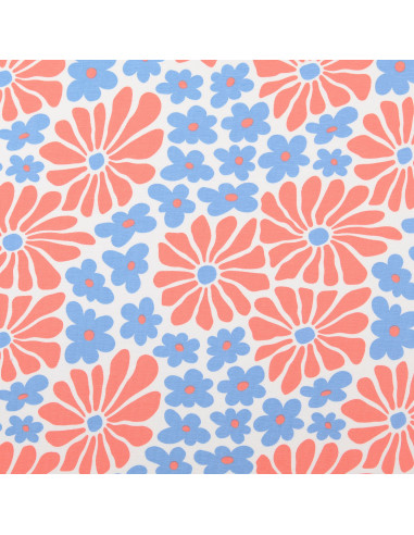 Fantasie jersey stof - Rode en blauwe sixties bloemen