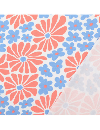 Fantasie jersey stof - Rode en blauwe sixties bloemen