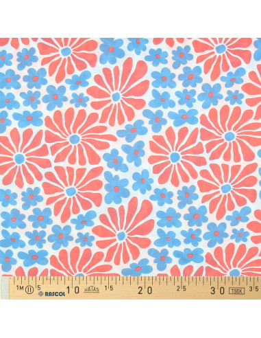 Fantasie jersey stof - Rode en blauwe sixties bloemen