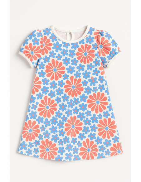 Fantasie jersey stof - Rode en blauwe sixties bloemen