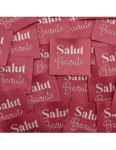 Set van 5 geweven labels om op te naaien Hallo Schoonheid Indiase roze
