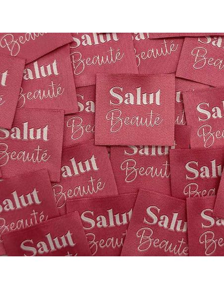 Set van 5 geweven labels om op te naaien Hallo Schoonheid Indiase roze