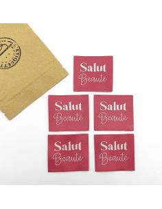 Set van 5 geweven labels om op te naaien Hallo Schoonheid Indiase roze 2