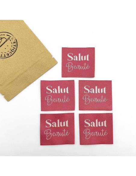 Set van 5 geweven labels om op te naaien Hallo Schoonheid Indiase roze