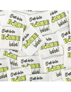 Set van 5 geweven labels om op te naaien Het is de bom Baby!