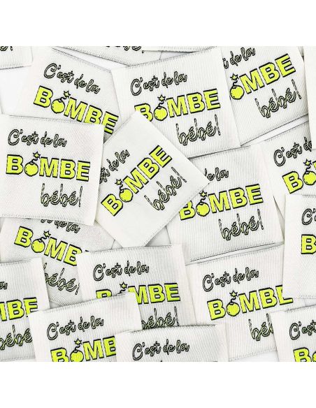 Set van 5 geweven labels om op te naaien Het is de bom Baby!
