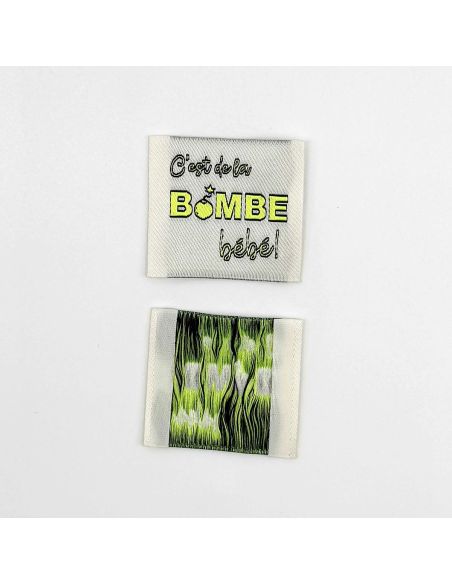 Set van 5 geweven labels om op te naaien Het is de bom Baby!
