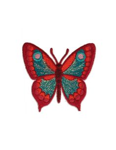 Strijkembleem vlinder - Rood en turquoise
