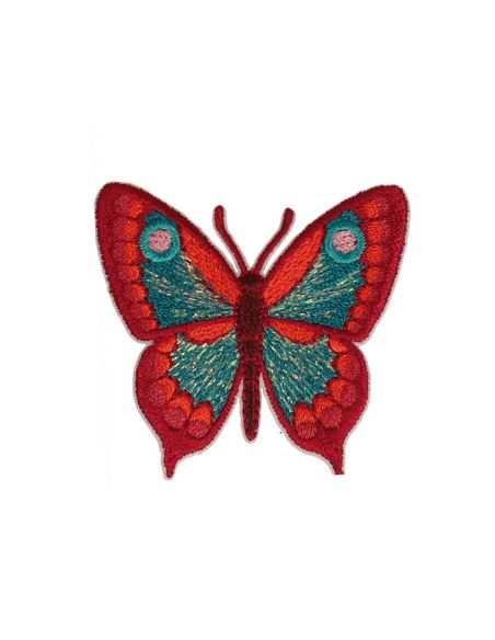 Strijkembleem vlinder - Rood en turquoise