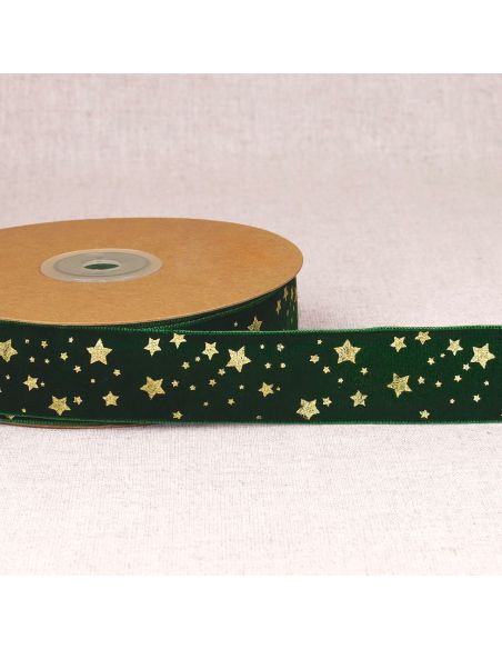 Fluwelen lint met kerststerren - Groen
