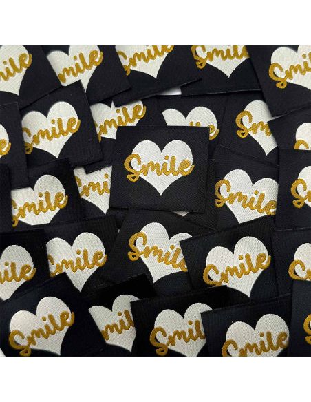 Set van 5 geweven labels om op te naaien Smile