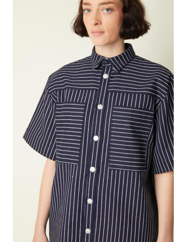 Denim Stof Brede Strepen Middenblauw - Atelier Brunette