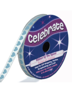 Wit satijnen lint Celebrate bedrukt met lichtblauwe harten - 6 mm x 4 meter