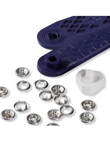 Doos met 10 nikkel jersey drukknoopjes met gereedschap 8 mm