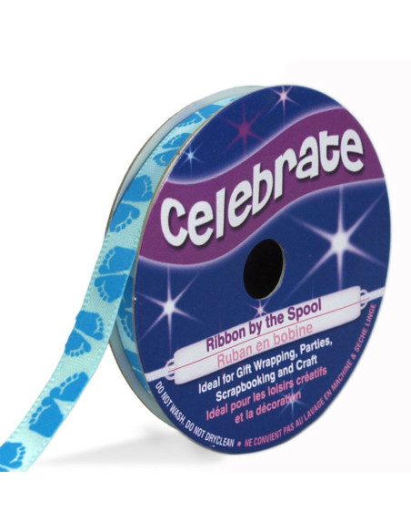 Celebrate satijnen lint lichtblauw bedrukt met blauwe voetjes - 6 mm x 4 meter