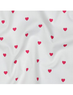 Fantasie katoenen popeline stof - Fuchsia hart op witte achtergrond