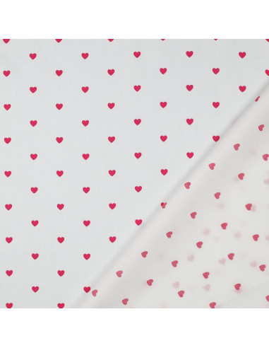 Fantasie katoenen popeline stof - Fuchsia harten op een witte achtergrond