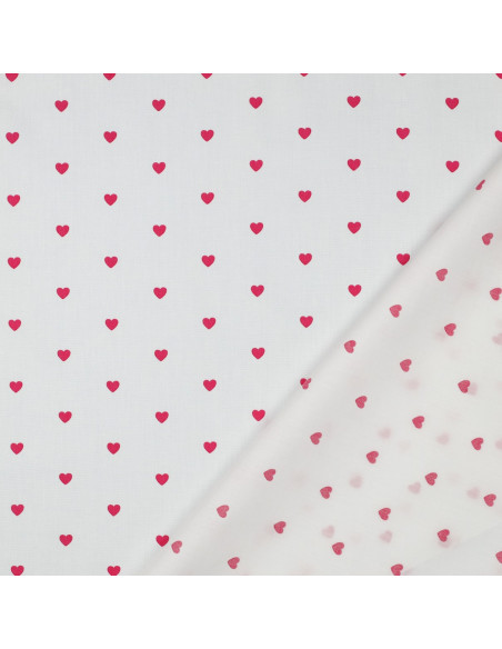 Fantasie katoenen popeline stof - Fuchsia harten op een witte achtergrond