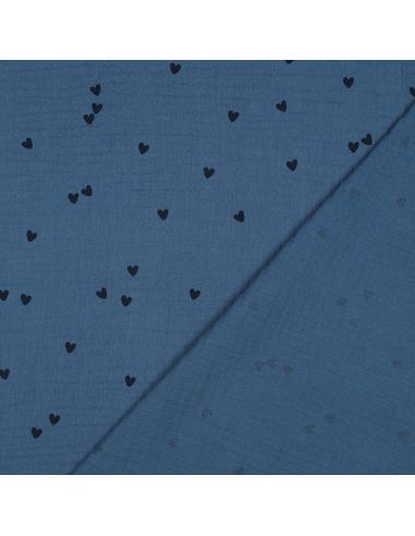 Dubbel gaas stof bedrukt - Zwart hart op blauwe achtergrond