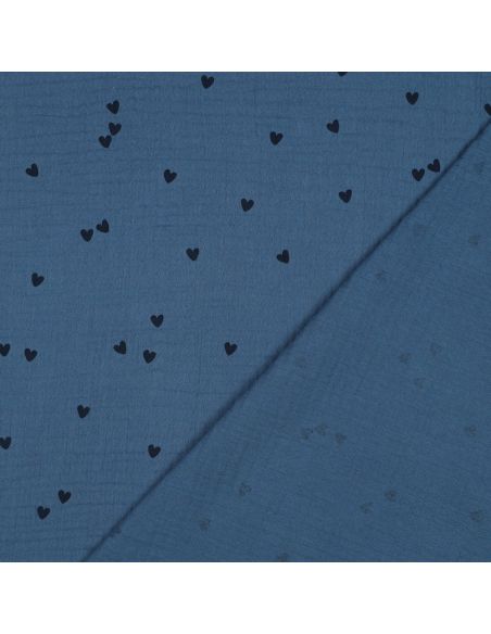 Dubbel gaas stof bedrukt - Zwart hart op blauwe achtergrond