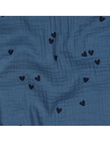 Dubbel gaas stof bedrukt - Zwart hart op blauwe achtergrond