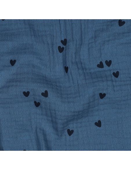 Dubbel gaas stof bedrukt - Zwart hart op blauwe achtergrond