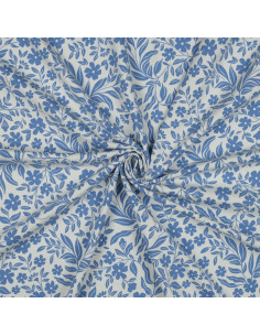 Jersey stof bloemen - Blauw op witte achtergrond