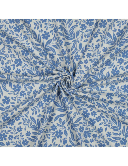 Jersey stof bloemen - Blauw op witte achtergrond