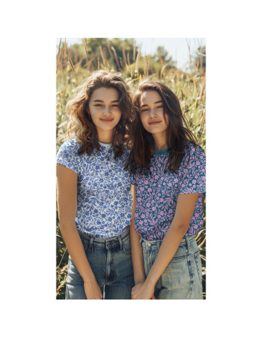 Jersey stof bloemen - Blauw op witte achtergrond