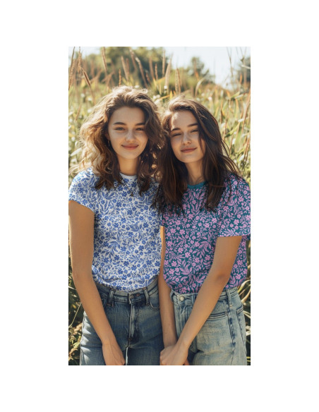 Jersey stof bloemen - Blauw op witte achtergrond