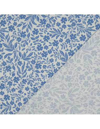 Jersey stof bloemen - Blauw op witte achtergrond