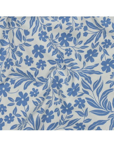 Jersey stof bloemen - Blauw op witte achtergrond