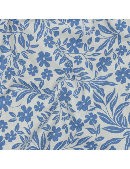 Jersey stof bloemen - Blauw op witte achtergrond