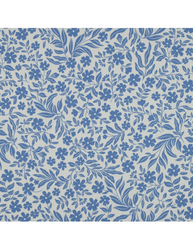 Jersey stof bloemen - Blauw op witte achtergrond